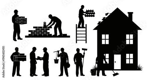 Black Silhouette Construction Workers Building House and Tools Icon Set