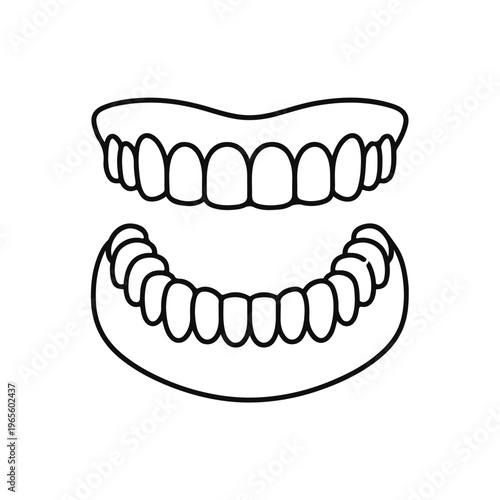 Line drawing of dentures upper and lower sets isolated on white background