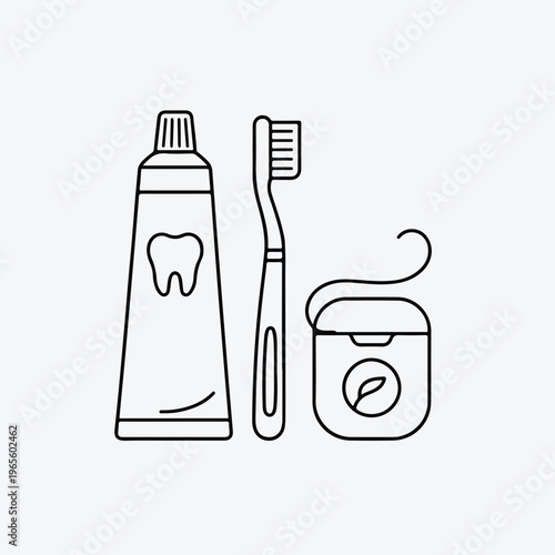 Simple line drawing of common dental hygiene products toothpaste toothbrush and floss