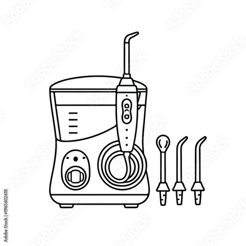 Line drawing of a water flosser with reservoir and interchangeable nozzles