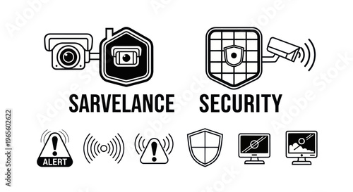 Surveillance and Security Icons: CCTV, Shield, Alert, Wi-Fi, Computer - Line Art