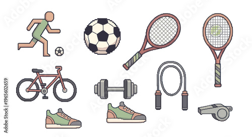 Flat Icon Set of Sports Equipment and Athlete for Healthy Lifestyle