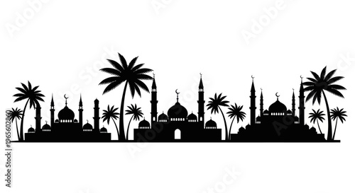 Islamic Mosque Skyline Silhouette with Palm Trees, Black and White Vector Art