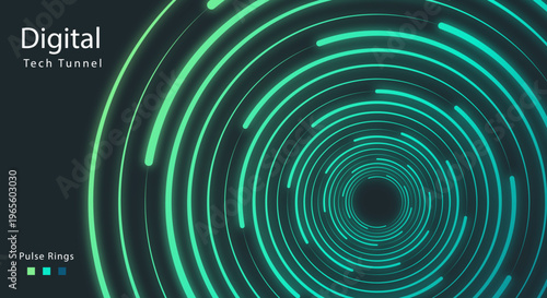 Futuristic Abstract Digital Tech Tunnel with Glowing Neon Pulse Rings, Circular Data Flow, Concentric Lines, Sci-Fi Technology Background, Modern Virtual Interface, Cyber Network Depth Illustration