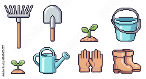 Pixel Art Gardening Icons Set - Rake, Shovel, Plant, Bucket, Gloves, Boots