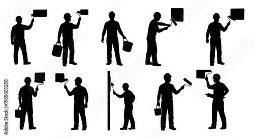 Silhouette painters with rollers and buckets painting wall, BW vector
