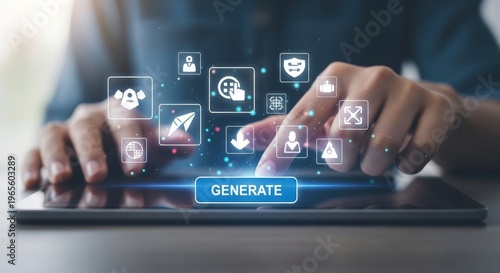 Business professional using AI technology on tablet with digital interface icons for innovation and automation