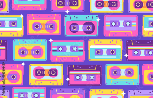 Retro seamless  pattern of 80s-90s with different colorful audio cassettes.  Music disco background. Vector illustration