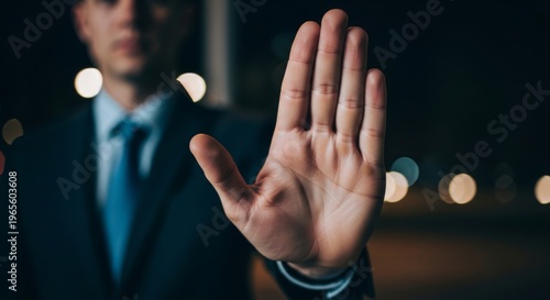 Businessman's Hand in Stop Gesture, Evening Bokeh Lights Background, Professional Denial Concept