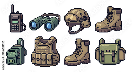 Pixel Art Military Gear Icons: Helmet, Boots, Binoculars, Vest, Backpack, Radio