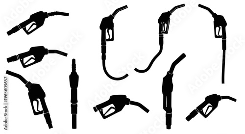 Black Silhouette Set of Gas Station Fuel Nozzles, Vector Icons
