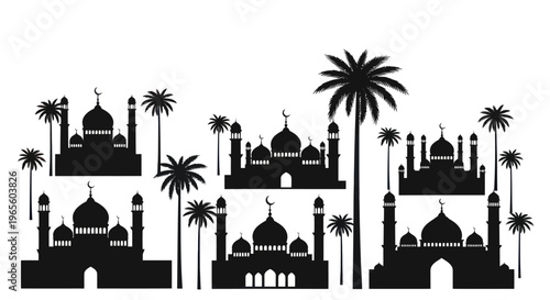Islamic Mosques Silhouette with Palm Trees, Black  White Vector Art