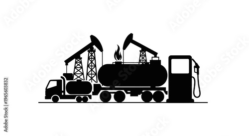 Oil Industry Icons: Pumpjack, Tanker Truck, Gas Station - Black  White Glyph