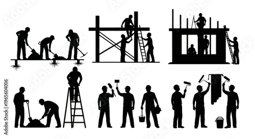Black and White Silhouettes of Construction Workers on Building Site