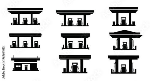 Black and White Icons of Gas Station Buildings and Pumps