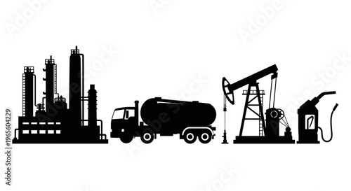 Black Silhouette Oil Refinery Truck Pump Jack Gas Pump White Background
