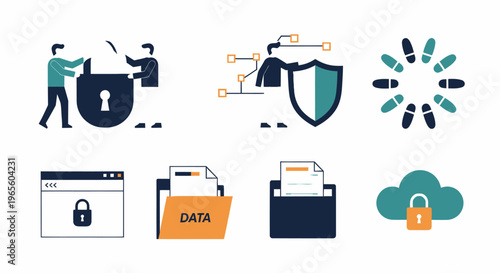 Flat Icons for Cybersecurity, Data Security, and Cloud Protection