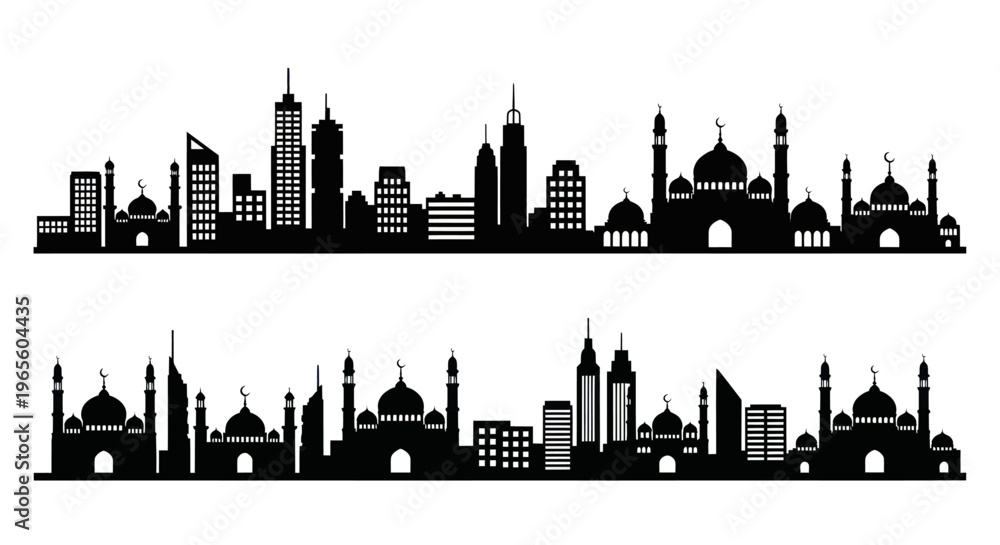 Obraz premium Islamic City Skyline Silhouette, Mosques and Modern Buildings, Black and White