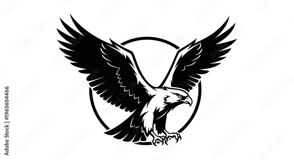Fototapeta premium Majestic flying eagle with wings spread, a powerful black and white predatory bird illustration emblem, wildlife concept.
