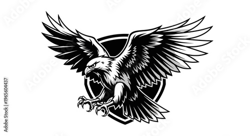 Powerful flying eagle illustration, majestic bird of prey with spread wings, symbol of freedom, strength, and power.