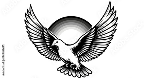 Graceful white dove with spread wings and a gradient circle, representing peace, hope, and freedom, monochrome art