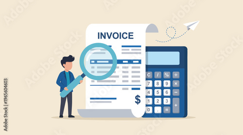 A tiny auditor meticulously examines a giant paper invoice using an oversized magnifying glass, standing proudly beside a massive blue calculator as a paper airplane glides smoothly in the background