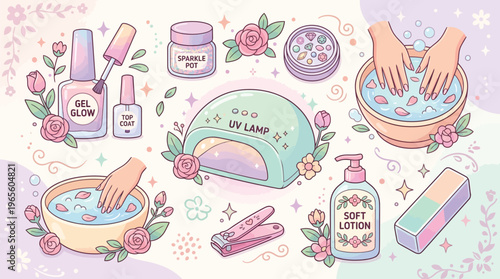 Cute pastel cartoon illustration of manicure and nail care tools with floral decorations.