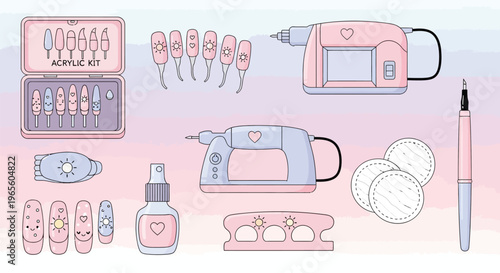 A collection of pastel-colored nail care tools and accessories, including electric nail drills, various bits, cotton pads, and decorated artificial nails, set against a soft gradient background.