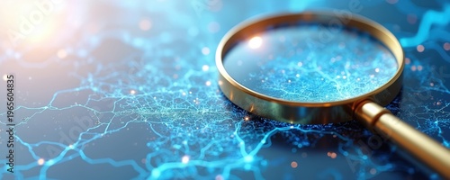 Magnifying glass examines glowing blue network. Visualizes data analysis, digital exploration, and scientific research concepts. Idea finding, discovery, insight.