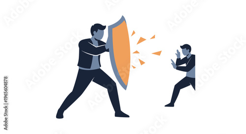 Business Man Defending Against Attack With Shield, Flat Vector Art