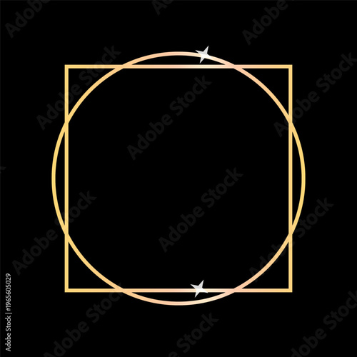 Gold square frame. Circle Vector element. Black background border. Elegant sparkle design. Manual vector only. No autotrace used.