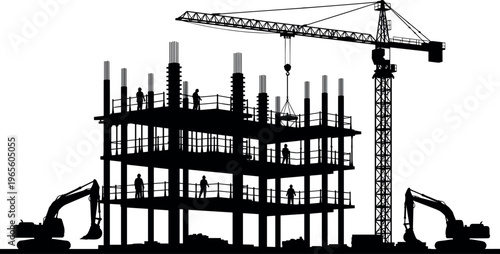 Construction site silhouette with tower crane, building framework, workers, excavators, industrial engineering project, urban development scene, black vector illustration isolated on white background