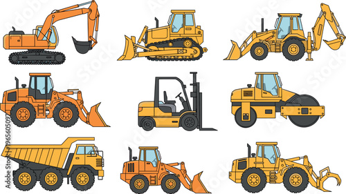 Construction equipment vector set with excavator, bulldozer, loader, forklift, dump truck, road roller, heavy machinery collection, engineering vehicles isolated on white background