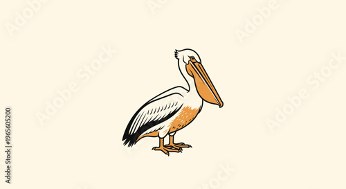 Cute cartoon pelican standing, isolated vector illustration. Stylized aquatic bird with large beak on a simple background.