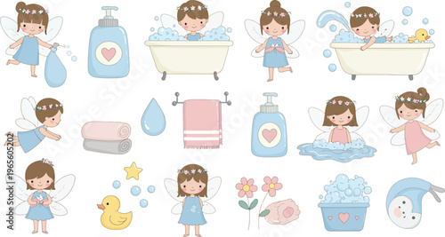 Baby girl bath time illustrations with various products and accessories