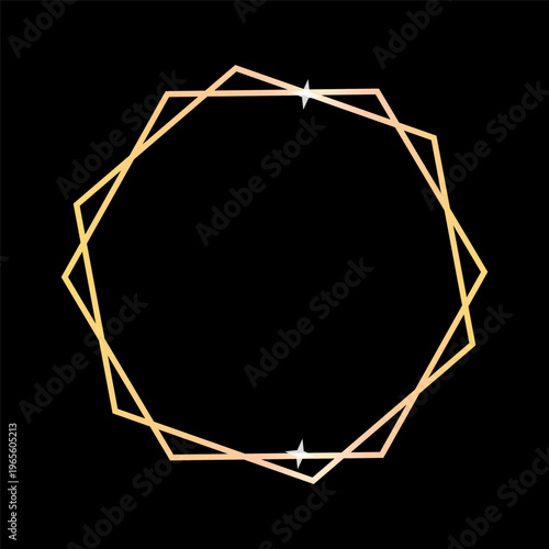 Polygon frame design. Gold Vector border. Black background style. Elegant sparkle shape. Manual vector only. No autotrace used.
