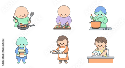 Cute cartoon children cooking and washing dishes, flat illustration