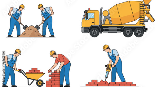 Construction workers vector illustration set with tools, cement mixer truck, bricklaying, digging, drilling activities, industrial labor team, engineering equipment, flat design isolated on background