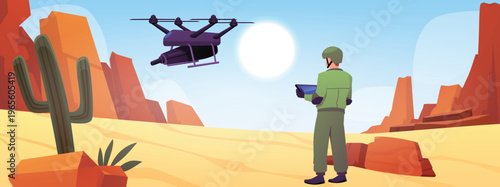 A man in military uniform controls a drone in a desert landscape among rocks and cacti.