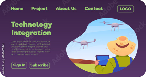 Technology integration landing page, vector flat farmer operating UAV on farm, unmanned aerial vehicle in agriculture