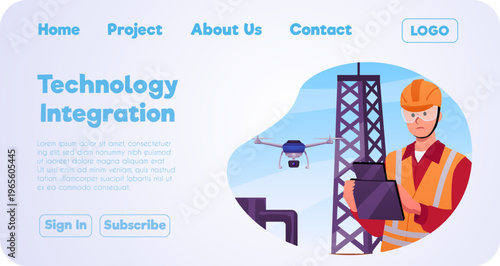 Technology integration vector flat landing page, UAV engineer drone operator using remote control on manufacture factory