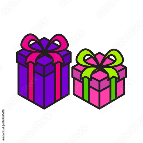 Colorful gift set. Vibrant present Vector. Purple pink box. Green ribbon design. Manual vector only. No autotrace used.