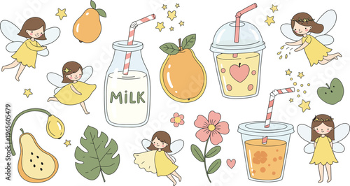 Whimsical illustration of girl enjoying fruits and drinks in a playful garden setting with flowers and leaves around