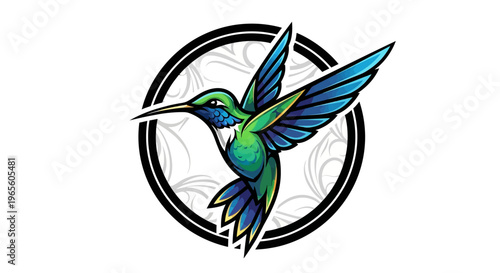 Vibrant colorful hummingbird illustration in flight with iridescent blue and green feathers, set within a decorative circular frame. Nature vector graphic.