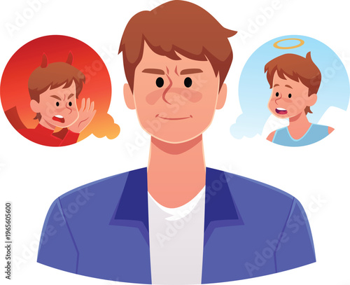 Harmful young man with devil and angel on different sides decide or think, vector flat frustrated guy feel doubtful