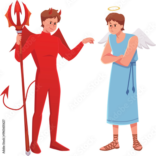 Cute devil and angel characters, conflict between good and evil.