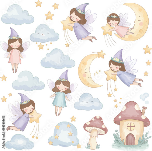 Whimsical illustration of sleeping fairytale princesses and dreamy scenery