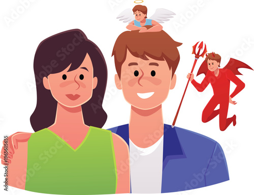 Couple relationships, cartoon man with conflicting shoulder angel and devil, vector flat right or wrong ethical decision