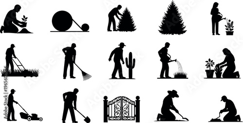 Gardening silhouette vector set with people planting, watering, mowing lawn, raking leaves, landscaping activities, garden maintenance tools, outdoor work collection isolated on white background