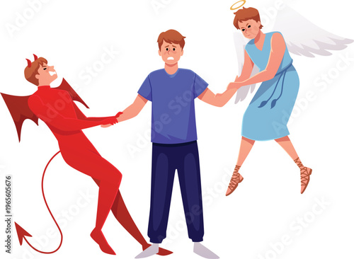 A sad man between an angel and a demon, both pulling his hands.